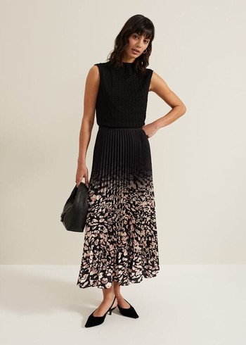 Phase Eight Elmina Abstract Print Pleated Skirts Black Canada | VYBNWZ-260